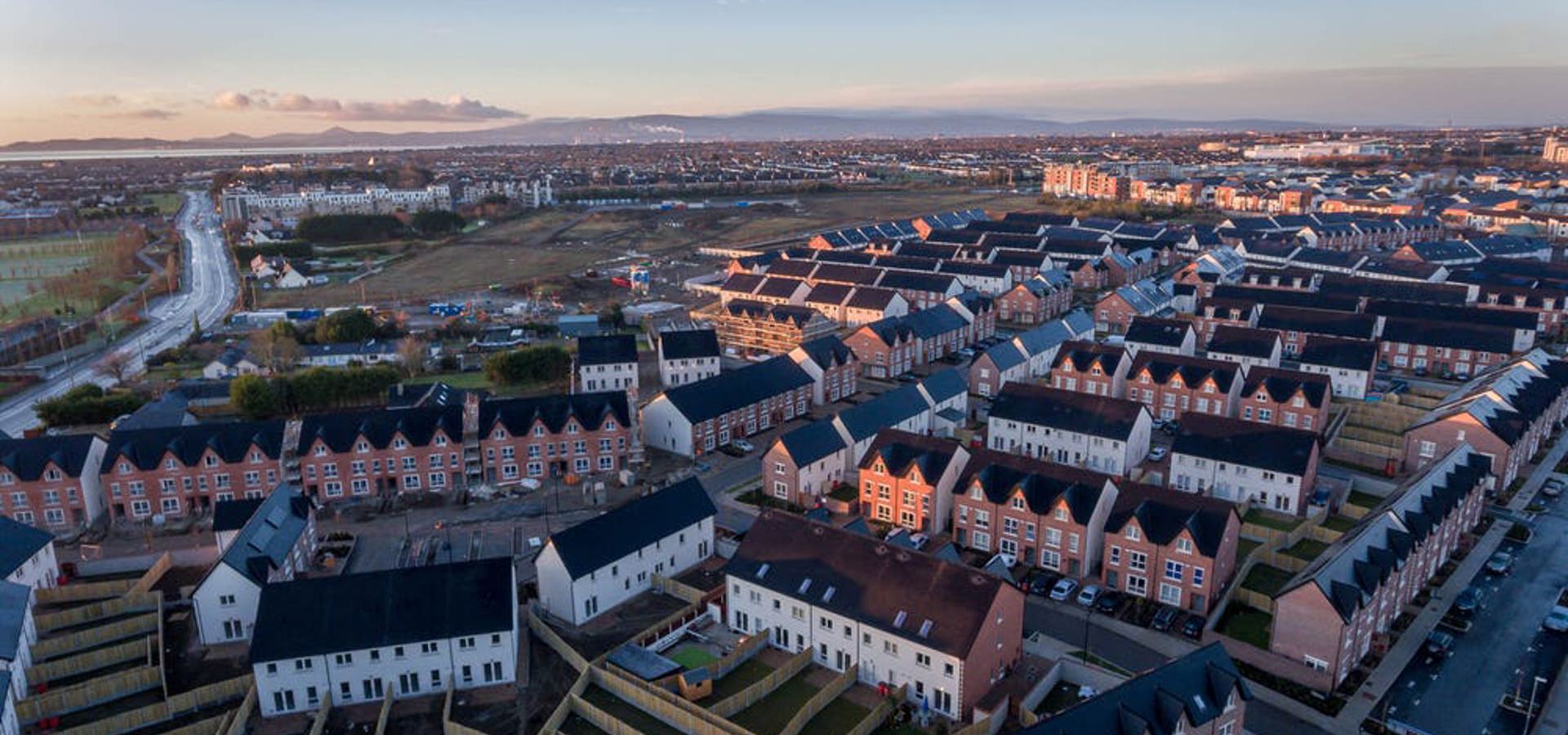 Aerial view of homes at Parkside at dusk