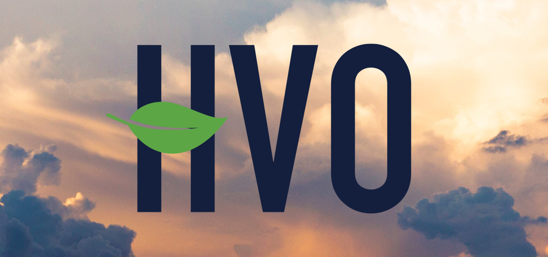 HVO wordmark with a leaf motif, set over a cloudy sky